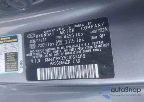 2012 Hyundai Genesis 2.0T from USA, damaged, VIN KMHHT6KD7CU067488